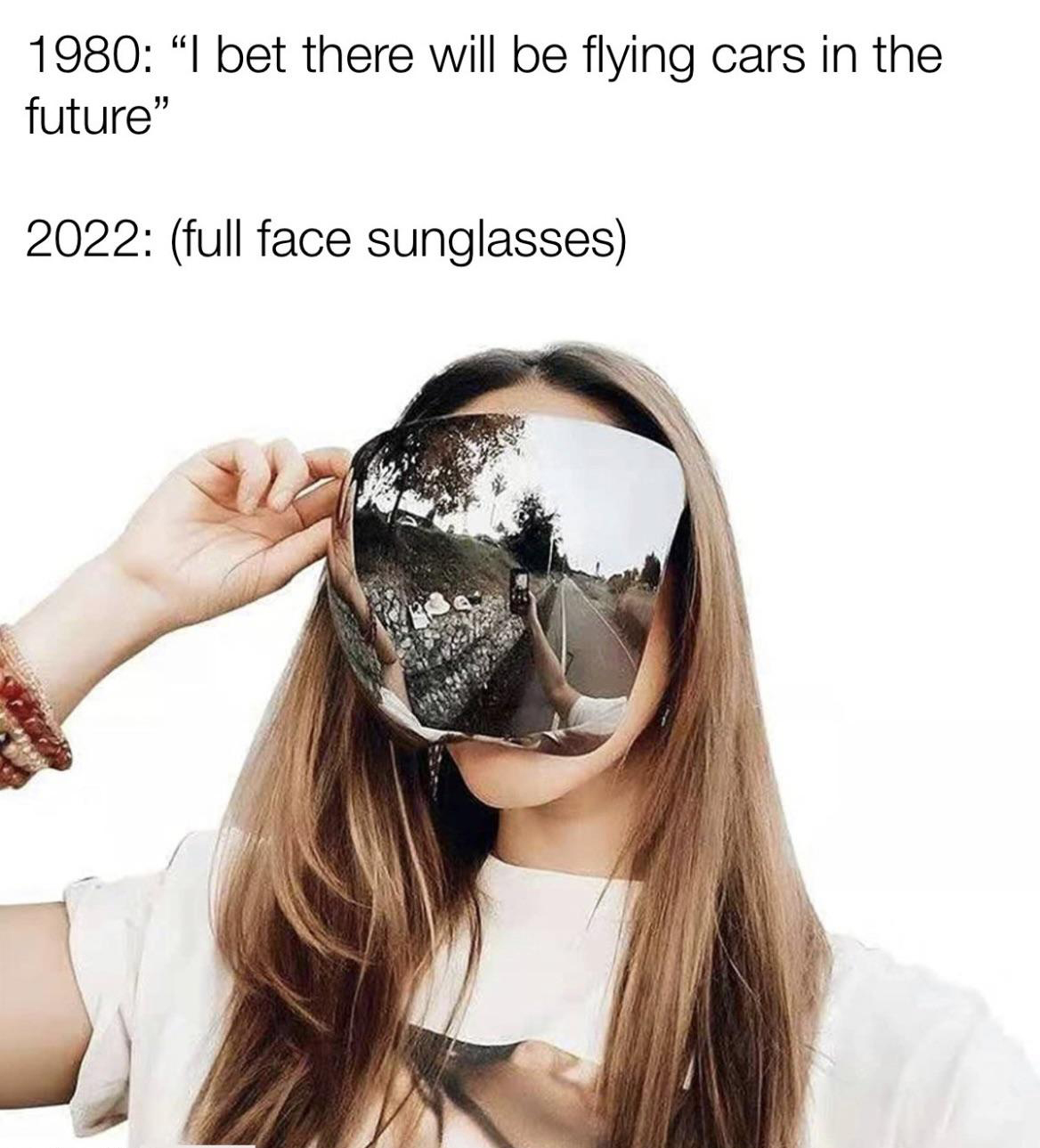 daily dose of memes - face shield sunglasses - 1980 "I bet there will be flying cars in the future" 2022 full face sunglasses