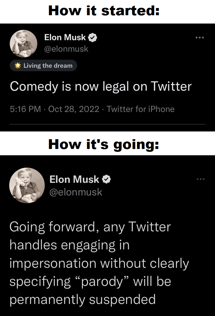 funny memes - elon musk impersonator tweet - How it started Elon Musk Living the dream Comedy is now legal on Twitter Twitter for iPhone How it's going Elon Musk Going forward, any Twitter handles engaging in impersonation without clearly specifying "paro