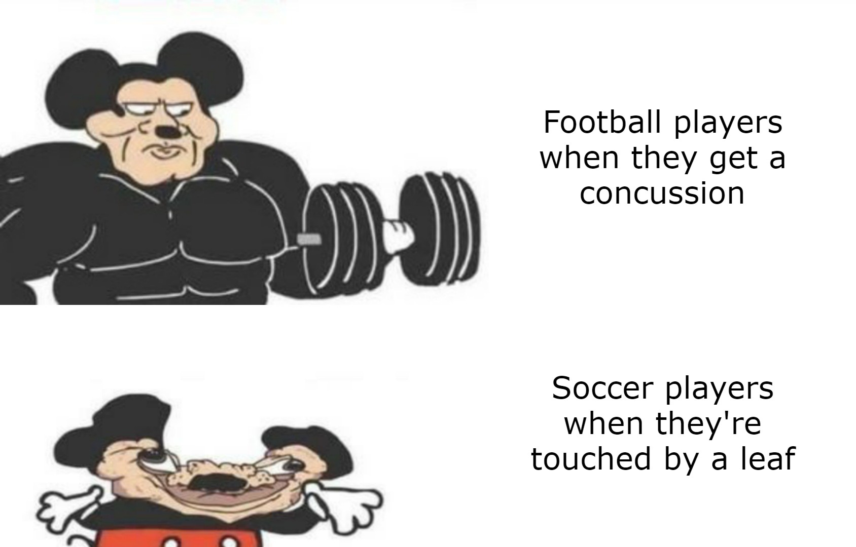 funny and dank memes - cartoon - Football players when they get a concussion Soccer players when they're touched by a leaf