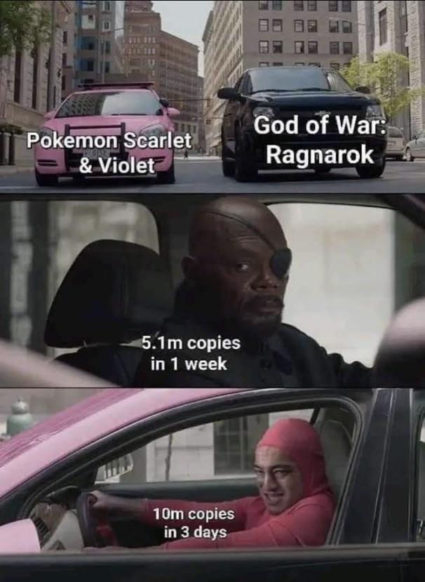 funny friday memes -  nick fury looks at pink guy meme - Pokemon Scarlet & Violet 5.1m copies in 1 week 10m copies in 3 days God of War Ragnarok