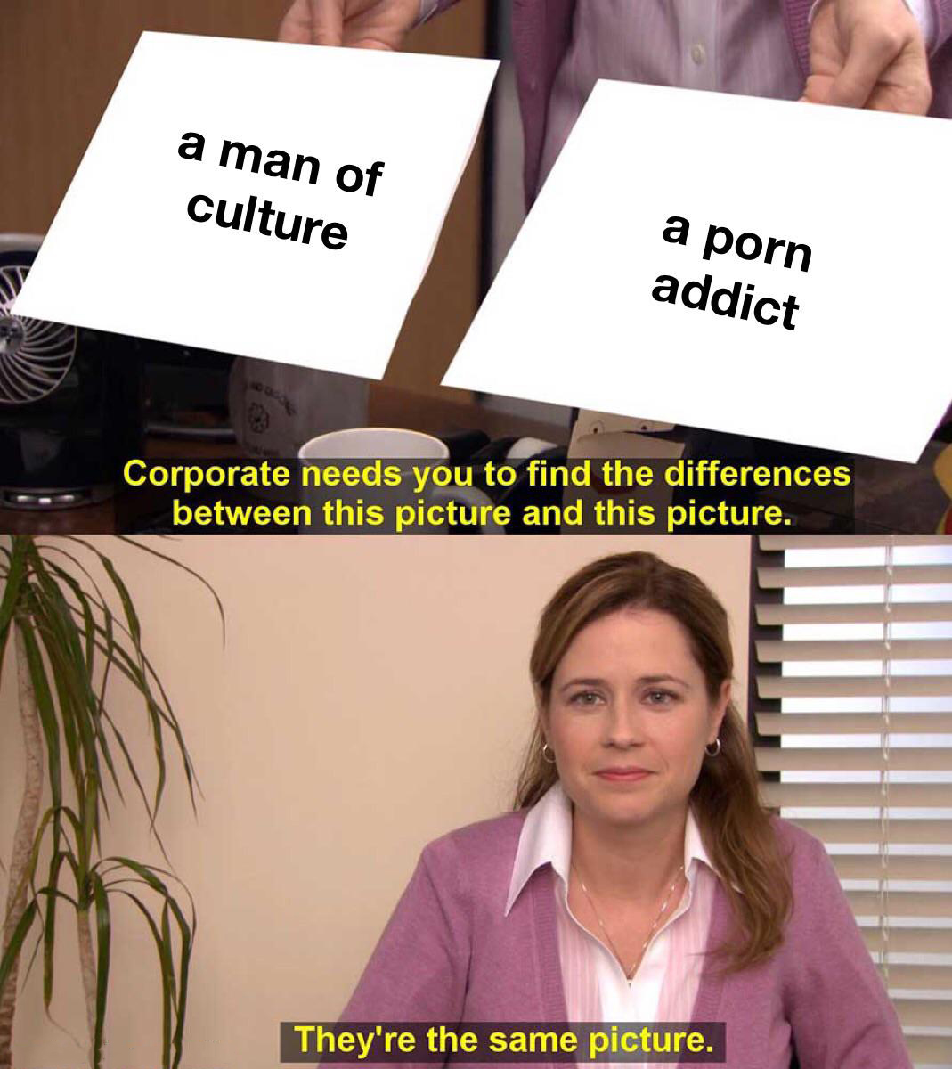 meme stream - religious trauma memes - a man of culture a porn addict Corporate needs you to find the differences between this picture and this picture. They're the same picture.