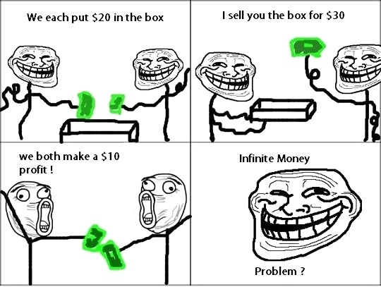 meme stream - infinite money meme - We each put $20 in the box we both make a $10 profit! I sell you the box for $30 Infinite Money Problem ?