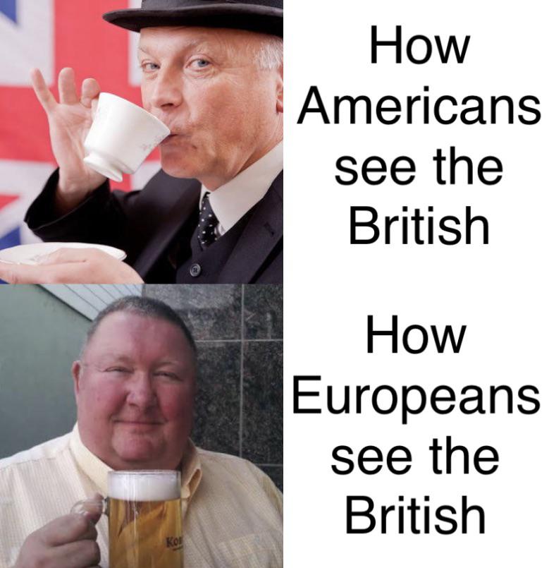 funny memes - photo caption - Kos How Americans see the British How Europeans see the British