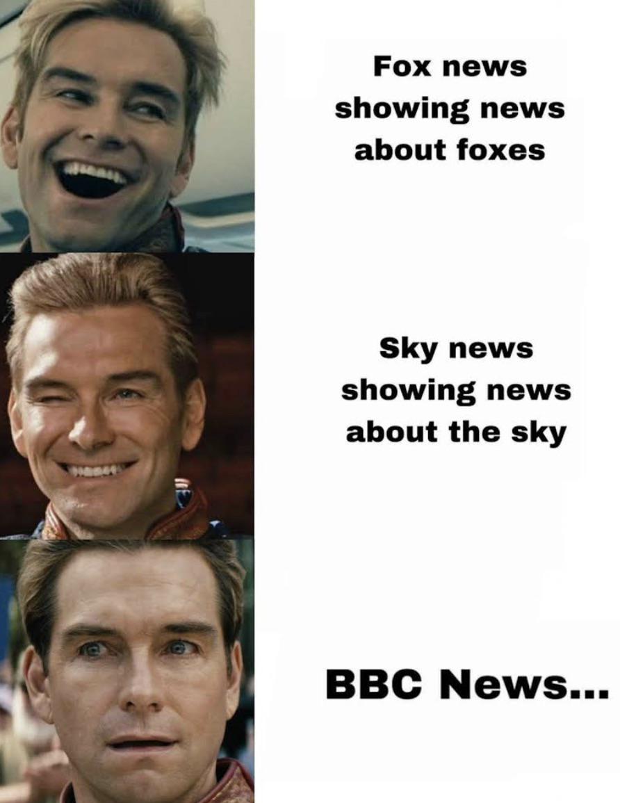 dank memes - photo caption - Fox newS showing news about foxes Sky news showing news about the sky Bbc News...