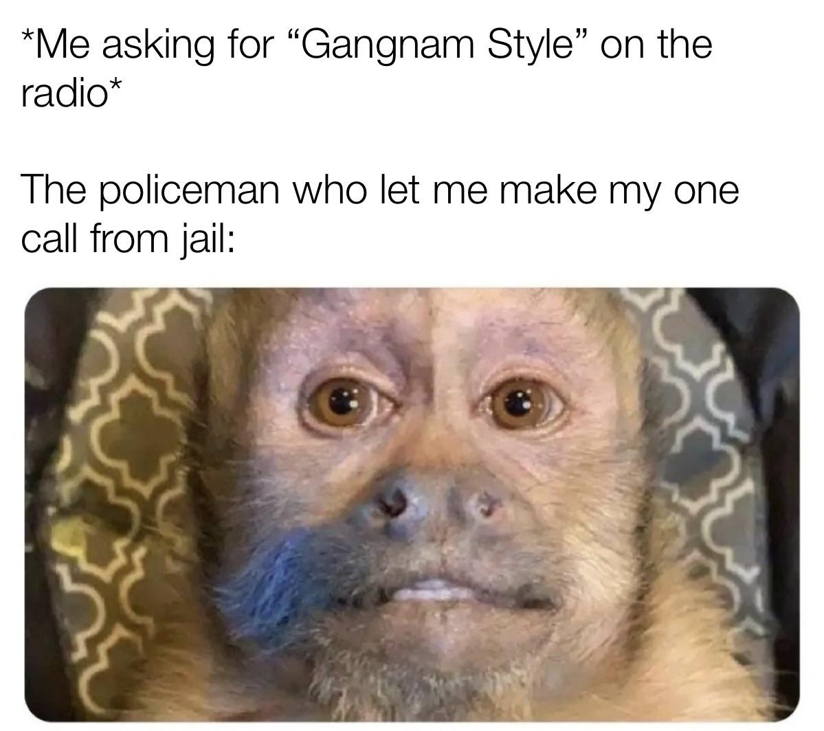 dank memes - fauna - Me asking for "Gangnam Style" on the radio The policeman who let me make my one call from jail
