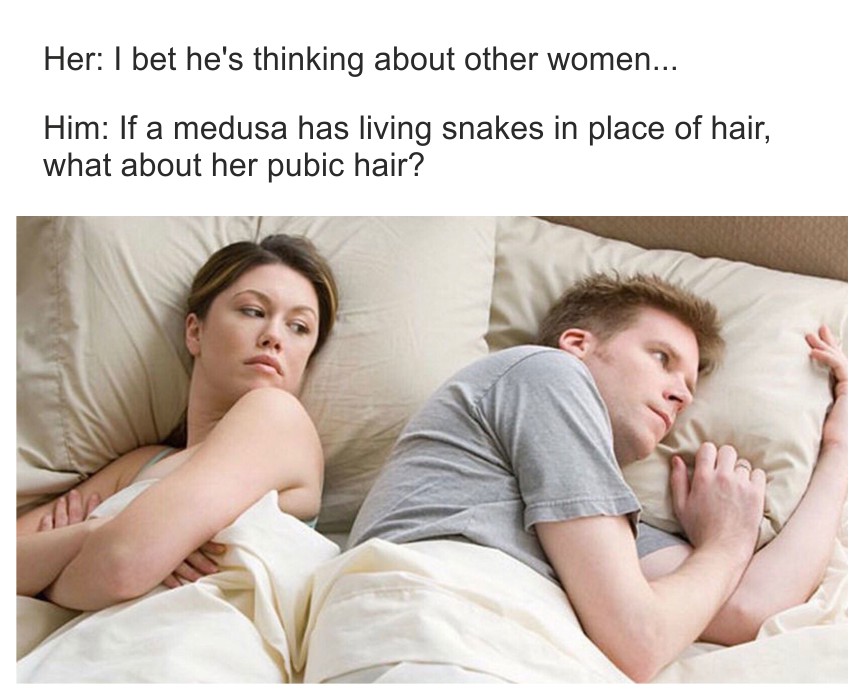 funny memes - bet he's thinking about memes - Her I bet he's thinking about other women... Him If a medusa has living snakes in place of hair, what about her pubic hair?