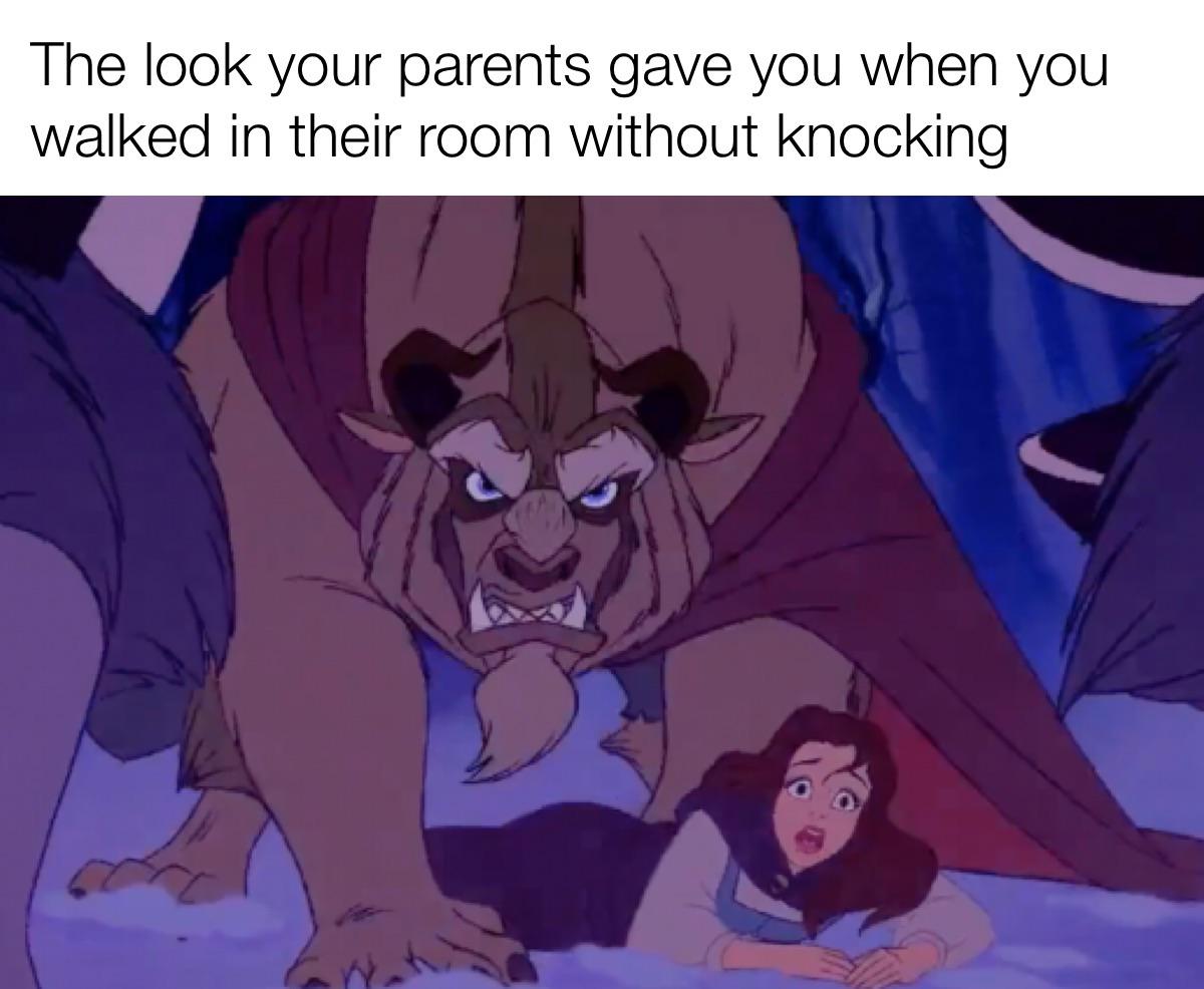funny memes - beauty and the beast scenes 1991 wolves - The look your parents gave you when you walked in their room without knocking
