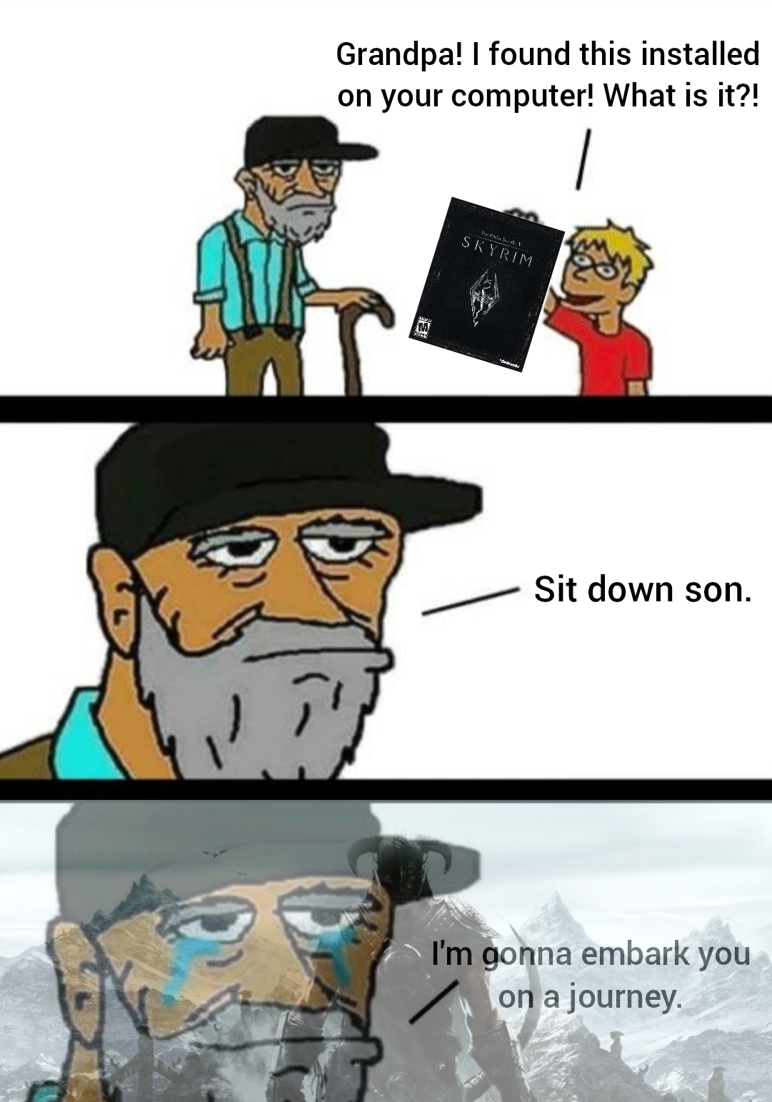 monday morning randomness - cartoon - Grandpa! I found this installed on your computer! What is it?! Skyrim Sit down son. I'm gonna embark you on a journey.