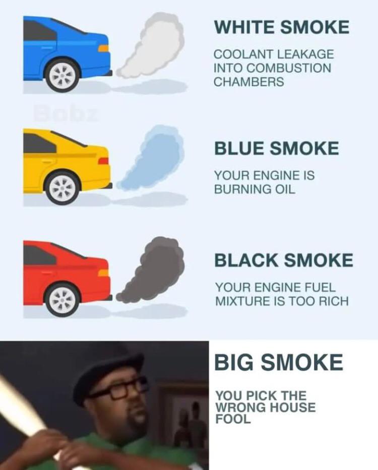 funny memes and pics - car smoke colors - 69 White Smoke Coolant Leakage Into Combustion Chambers Blue Smoke Your Engine Is Burning Oil Black Smoke Your Engine Fuel Mixture Is Too Rich Big Smoke You Pick The Wrong House Fool