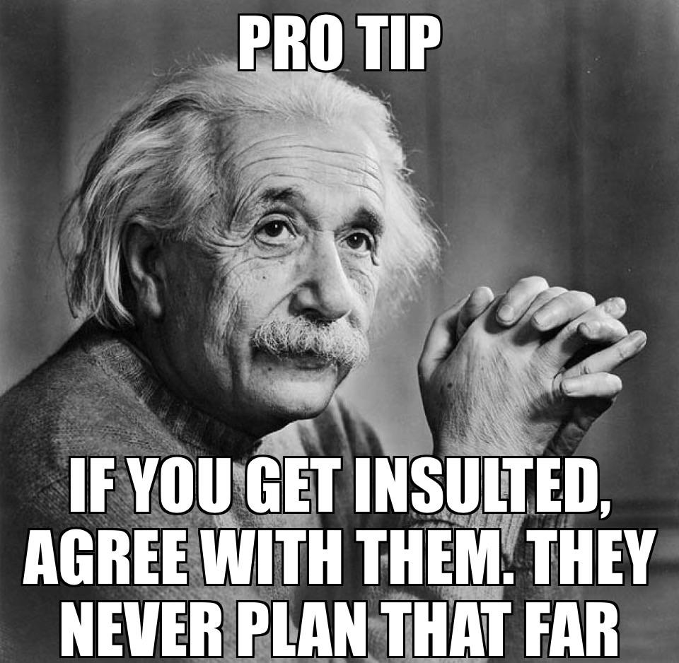 funny memes - photo caption - Pro Tip If You Get Insulted Agree With Them. They Never Plan That Far