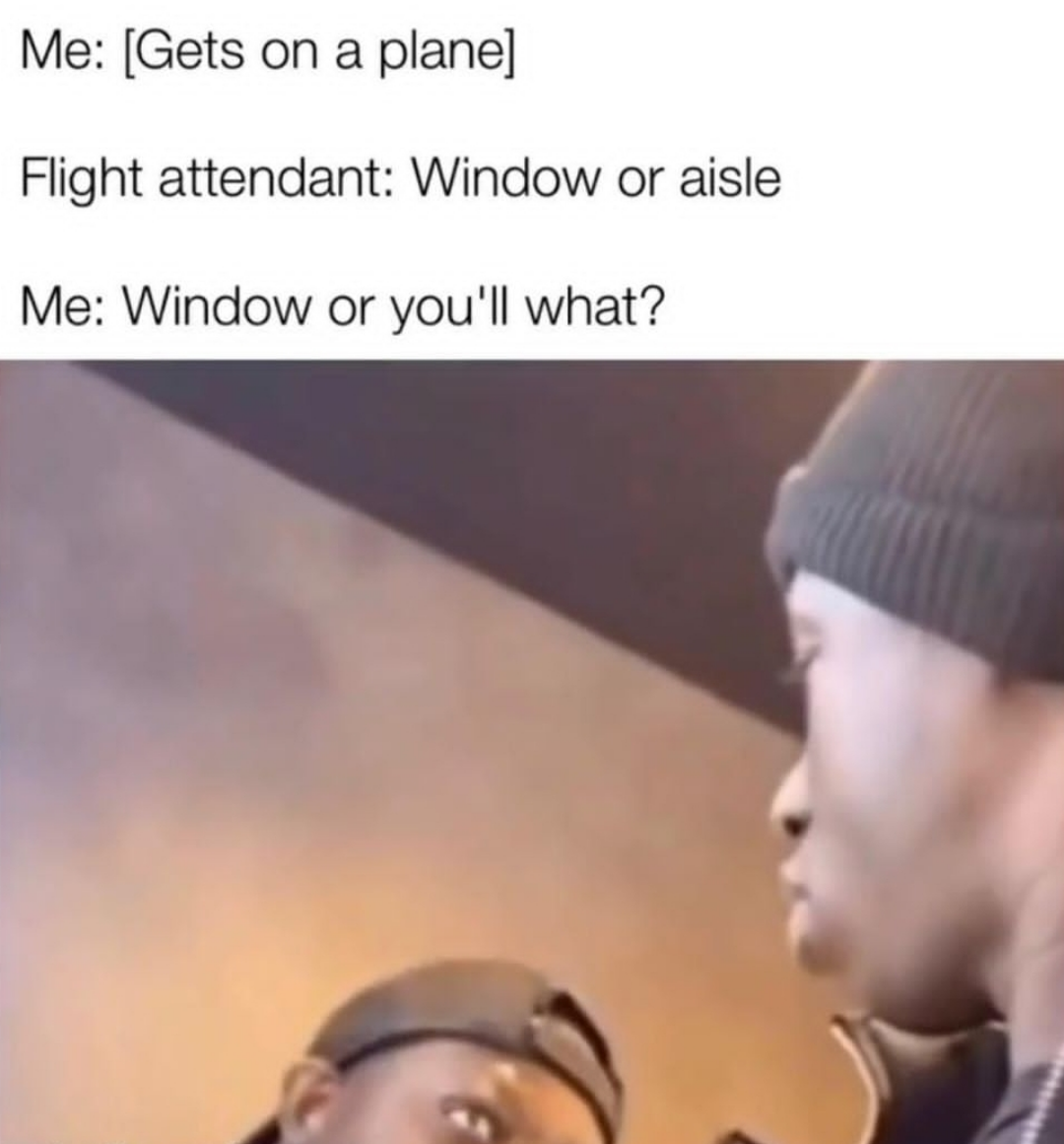 funny memes - window or aisle meme - Me Gets on a plane Flight attendant Window or aisle Me Window or you'll what?