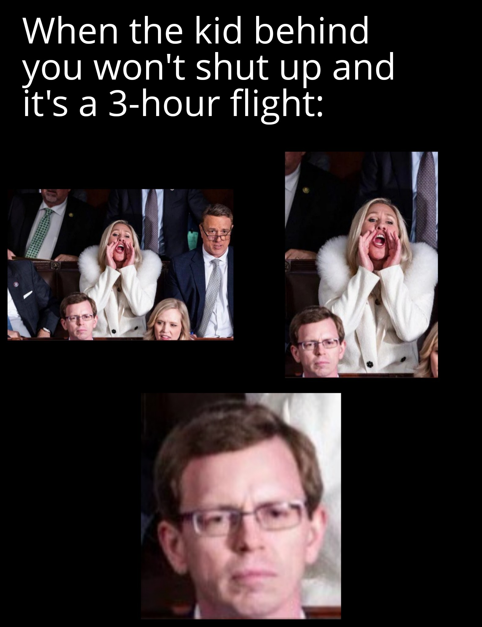 funny memes and pics - photo caption - When the kid behind you won't shut up and it's a 3hour flight