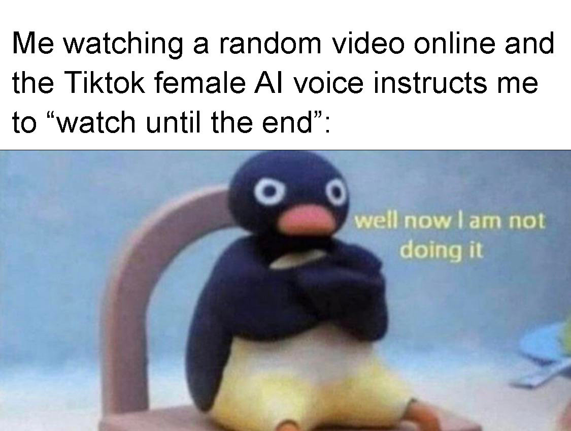 funny memes and pics - penguin - Me watching a random video online and the Tiktok female Al voice instructs me to "watch until the end" O well now I am not doing it