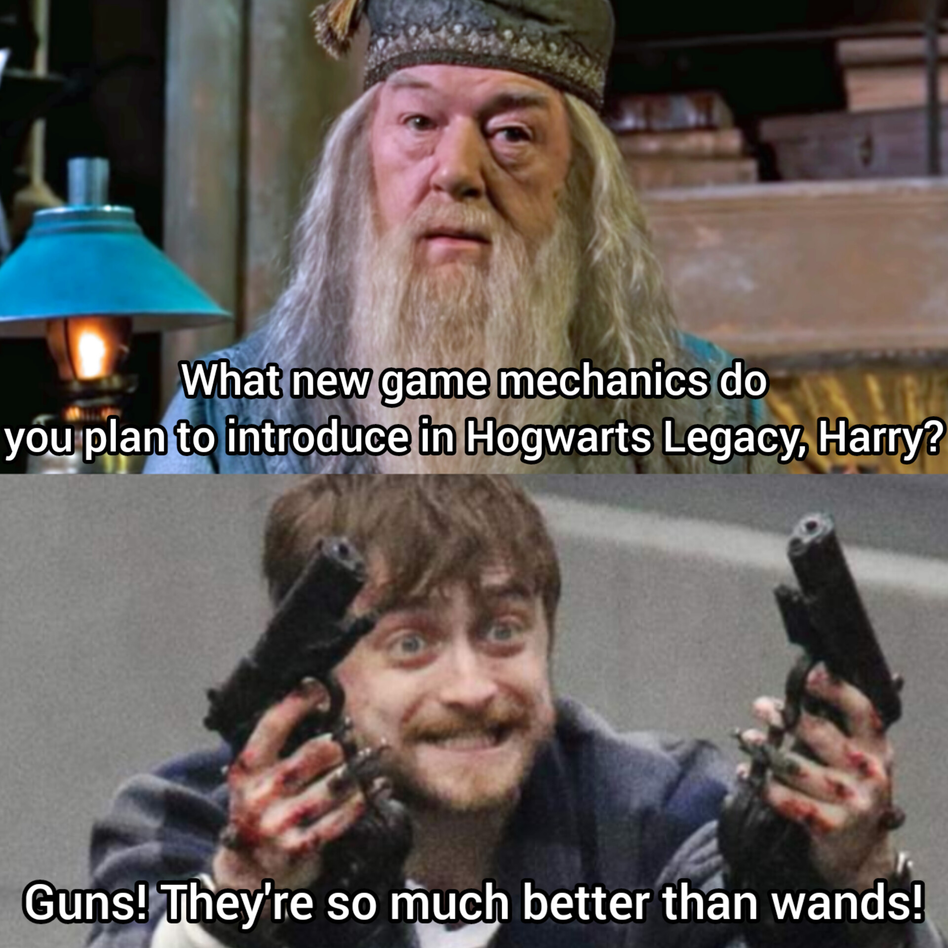 dank memes - beard - What new game mechanics do you plan to introduce in Hogwarts Legacy, Harry? Guns! They're so much better than wands!