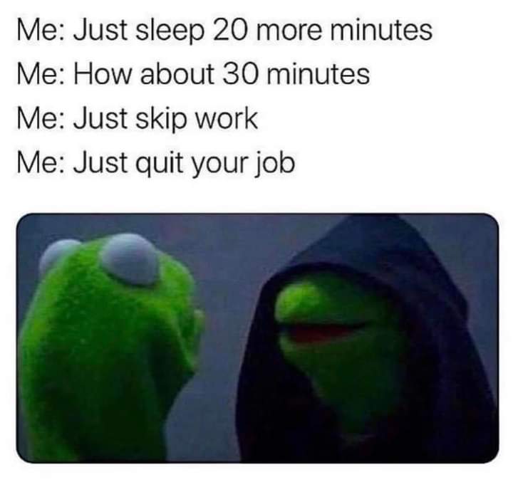 dank memes - evil kermit meme - Me Just sleep 20 more minutes Me How about 30 minutes Me Just skip work Me Just quit your job