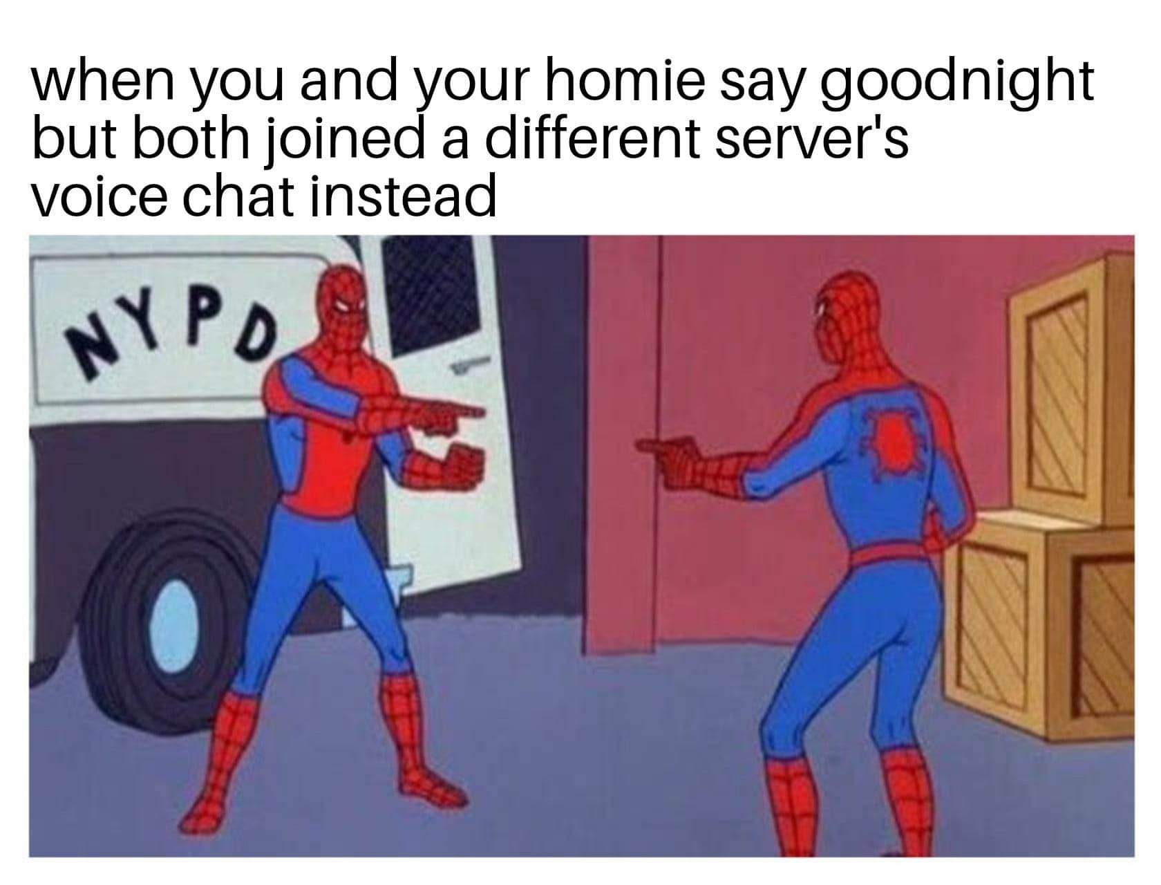 dank memes -  you find out who's responsible - when you and your homie say goodnight but both joined a different server's voice chat instead Nypd
