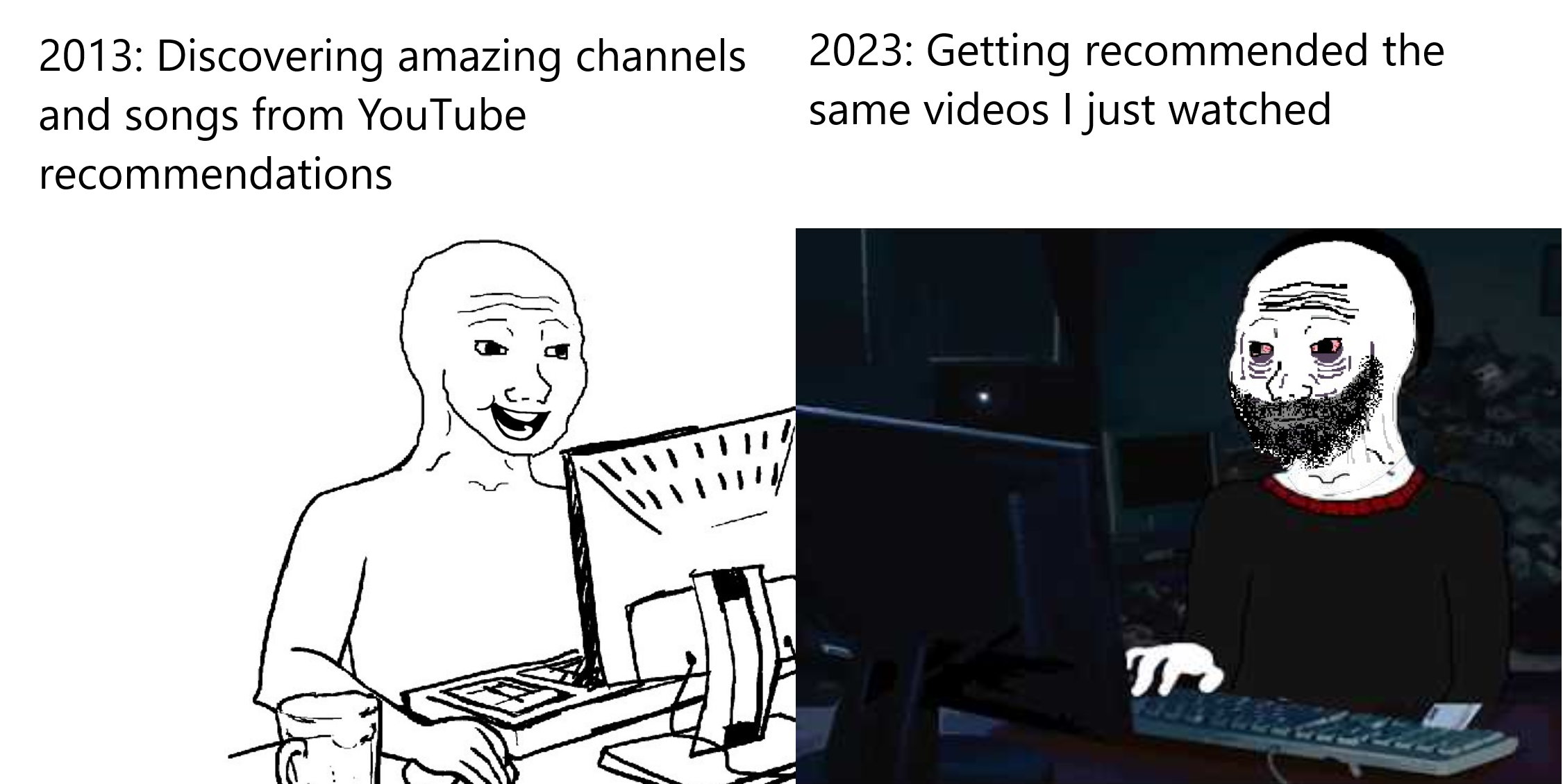 funny memes - cartoon - 2013 Discovering amazing channels and songs from YouTube recommendations 2023 Getting recommended the same videos I just watched