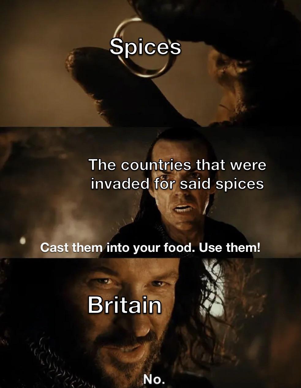 funny memes - photo caption - Spice's The countries that were invaded for said spices Cast them into your food. Use them! Britain No.