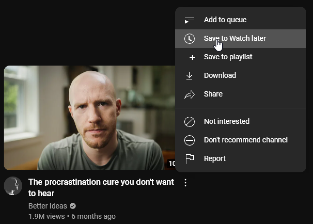 funny memes - photo caption - 10 The procrastination cure you don't want to hear Better Ideas 1.9M views 6 months ago R o 01 Add to queue Save to Watch later Save to playlist Download Not interested Don't recommend channel Report