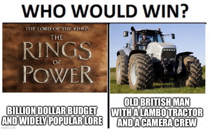 funny memes - tire - Who Would Win? The Lord Of The Rings The Rings Power Of Billion Dollar Budget And Widely Popular Lore imgflip.com Old British Man With A Lambo Tractor And A Camera Crew