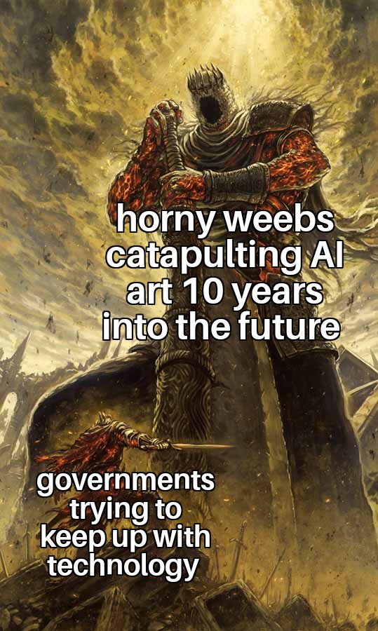 funny memes and pics - extinction - horny weebs catapulting Al art 10 years into the future governments trying to keep up with technology