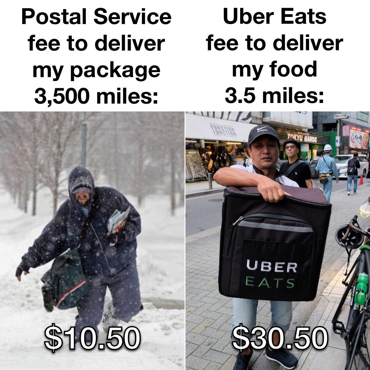 dank memes --  Internet meme - Postal Service fee to deliver my package 3,500 miles $10.50 Uber Eats fee to deliver my food 3.5 miles Parys Garde Uber Eats $30.50