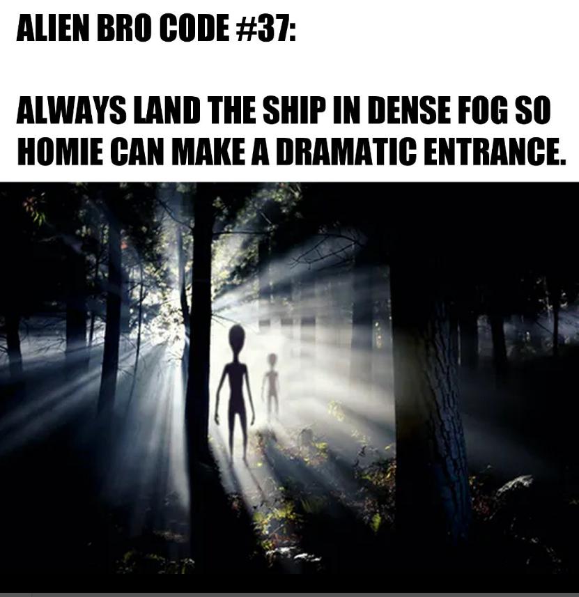 dank memes - one out to the nation - Alien Bro Code Always Land The Ship In Dense Fog So Homie Can Make A Dramatic Entrance.