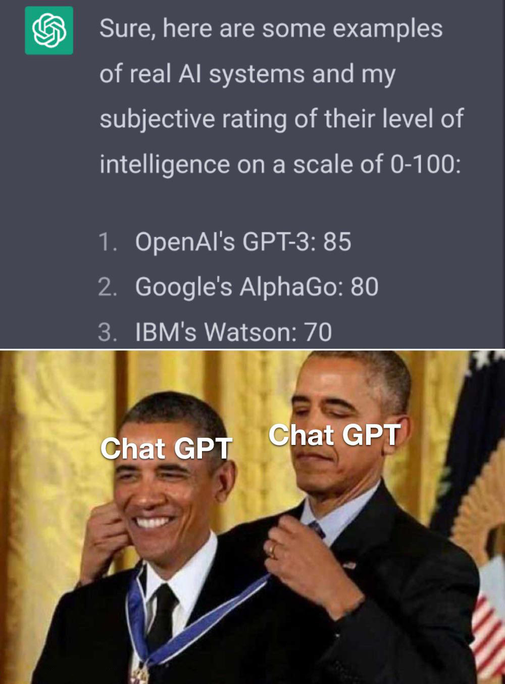 funny memes and pics - photo caption - Sure, here are some examples of real Al systems and my subjective rating of their level of intelligence on a scale of 0100 1. OpenAl's Gpt3 85 2. Google's AlphaGo 80 3. Ibm's Watson 70 Chat Gpt Chat Gpt