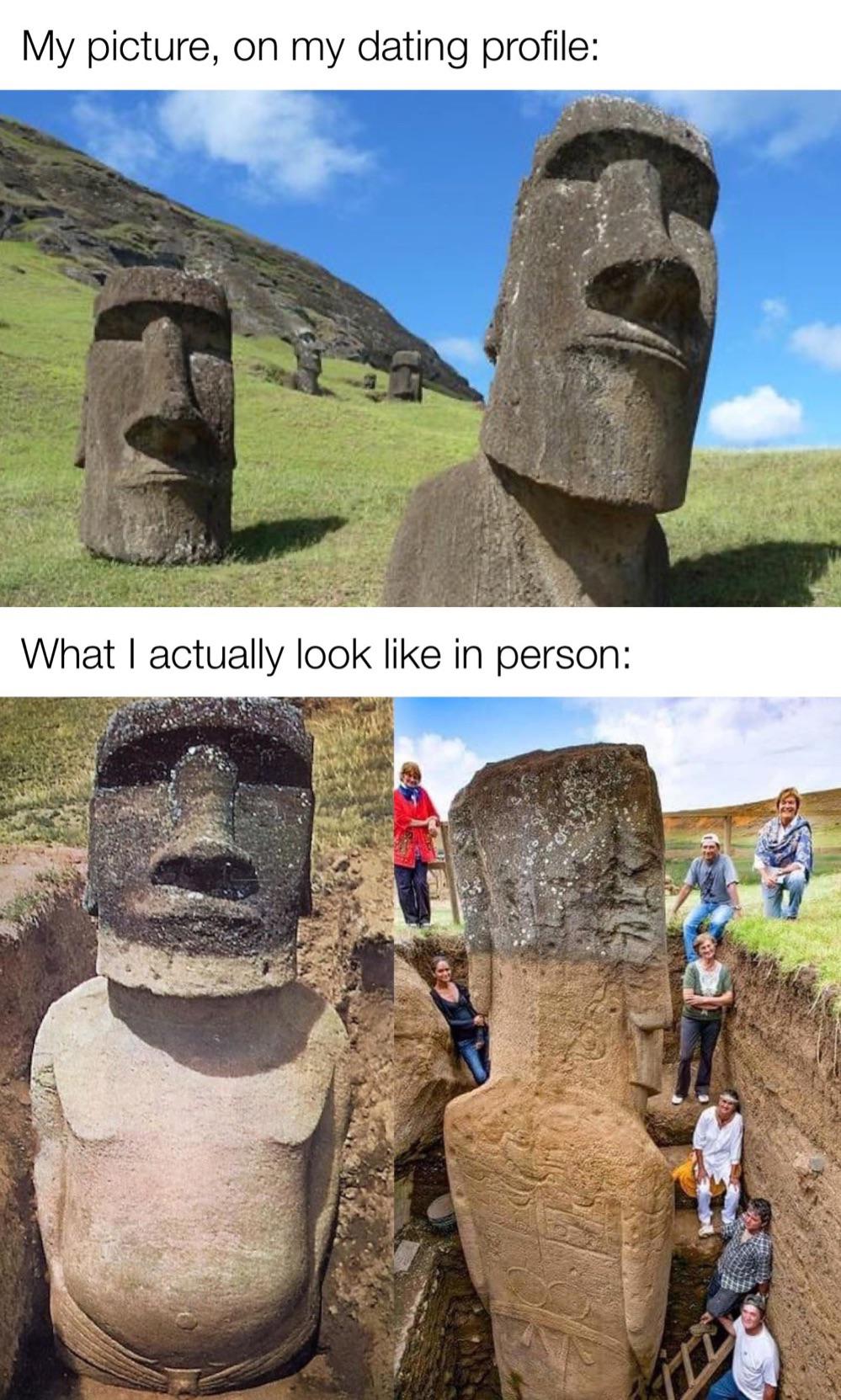 funny memes - easter island statues bodies - My picture, on my dating profile What I actually look in person Fles