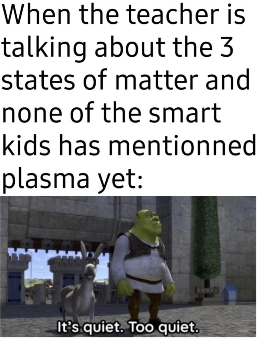 dank memes - photo caption - When the teacher is talking about the 3 states of matter and none of the smart kids has mentionned plasma yet It's quiet. Too quiet.