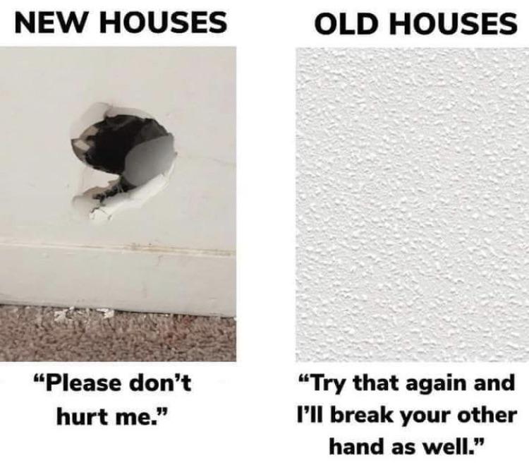 dank memes - House - New Houses "Please don't hurt me." Old Houses "Try that again and I'll break your other hand as well."