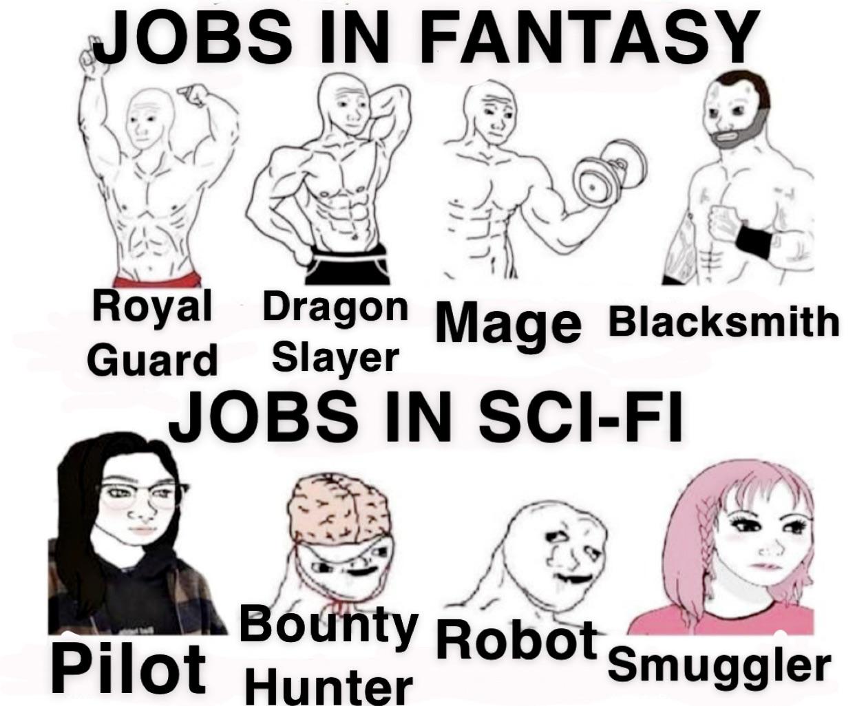 dank memes - people - Jobs In Fantasy Royal Dragon Mage Blacksmith Guard Slayer Jobs In SciFi Bounty Robot Smuggler Pilot Hunter