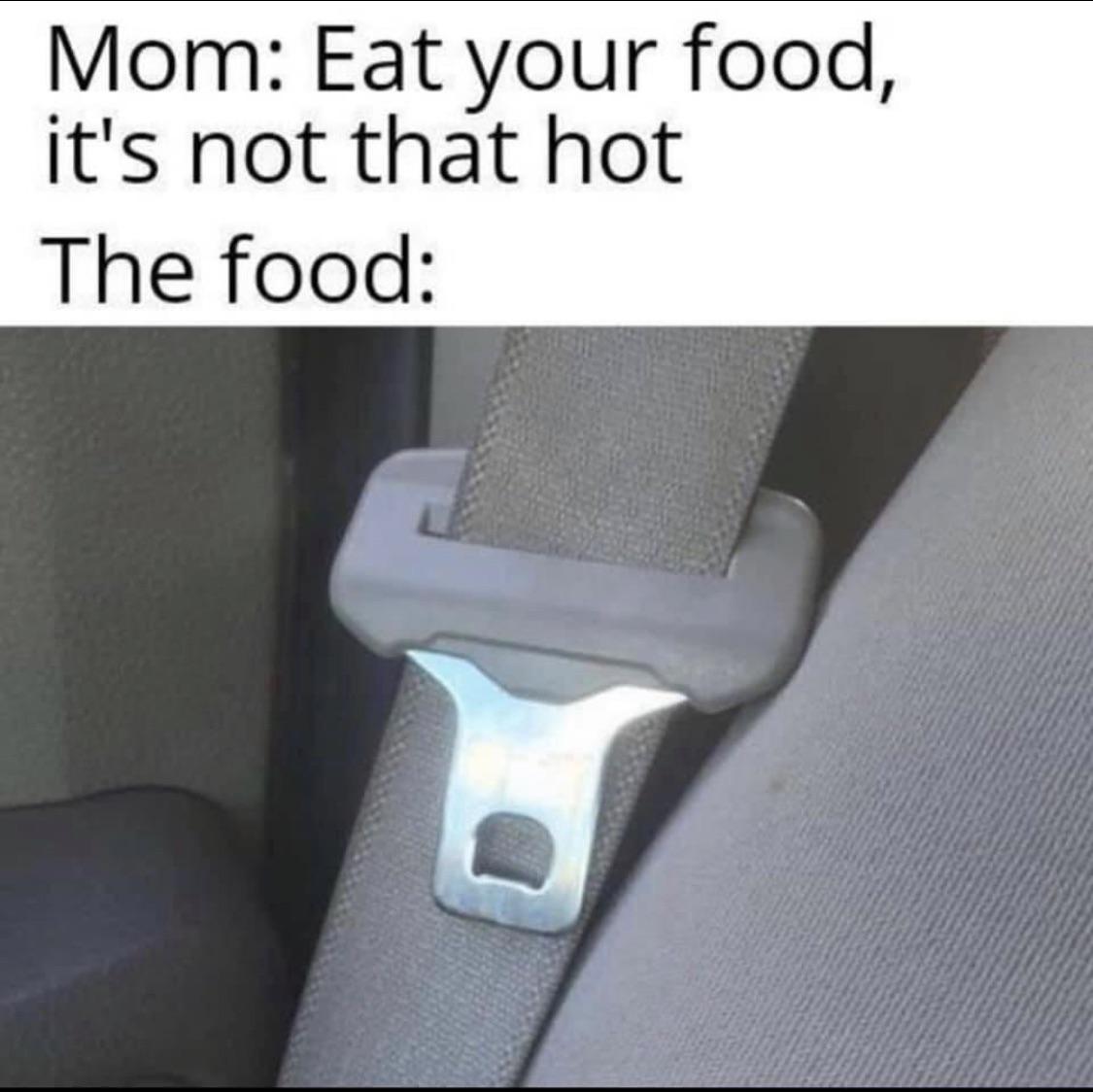 monday morning randomness - hot seat belt meme - Mom Eat your food, it's not that hot The food
