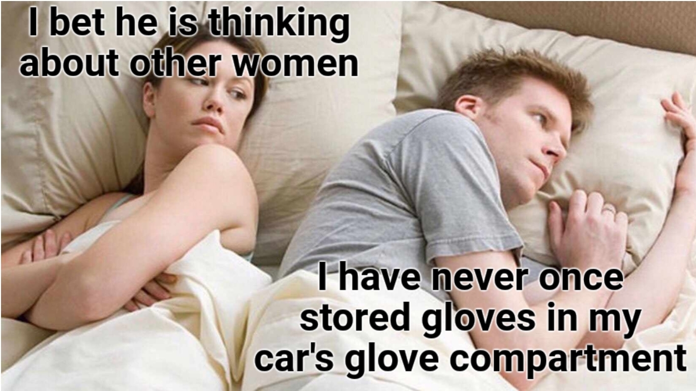 dank memes - bet hes thinking about other women meme - I bet he is thinking about other women ply I have never once stored gloves in my car's glove compartment