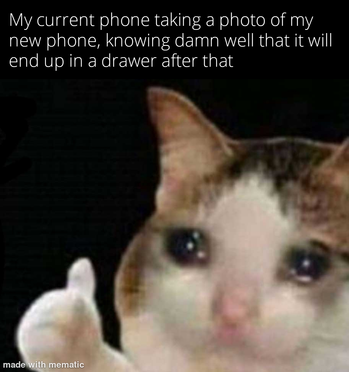 dank memes -  among us sad cat meme - My current phone taking a photo of my new phone, knowing damn well that it will end up in a drawer after that made with mematic
