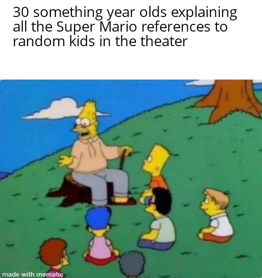 dank memes -  cartoon - 30 something year olds explaining all the Super Mario references to random kids in the theater made with mematic