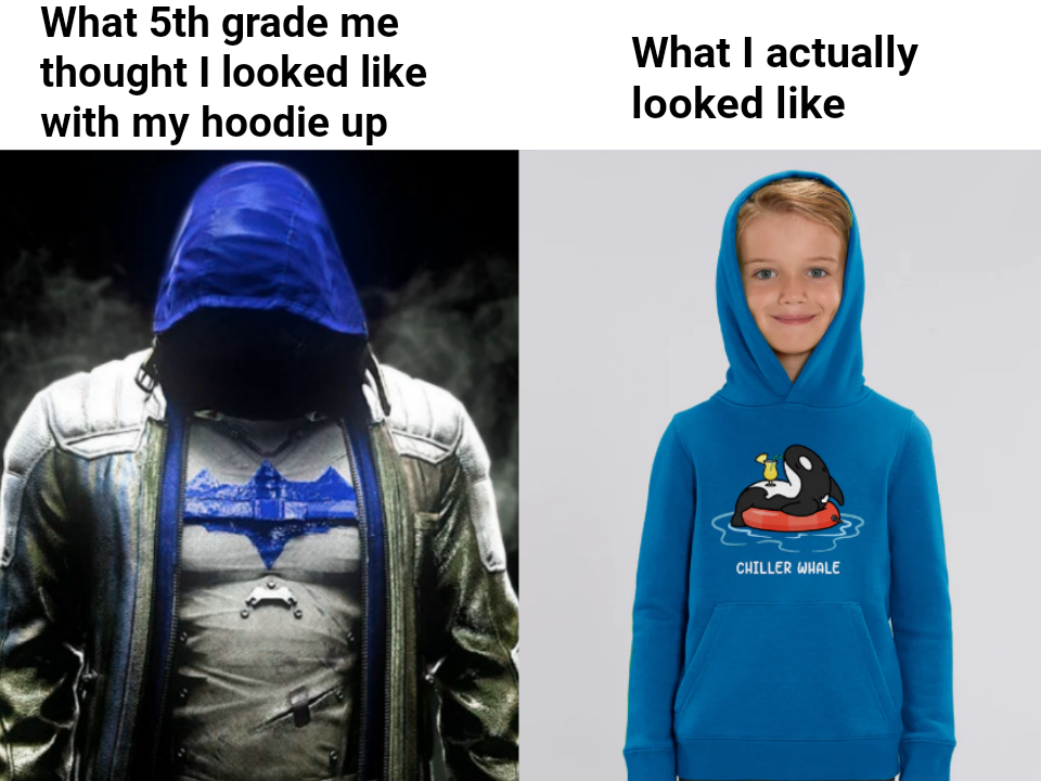funny memes- red hood arkham knight - What 5th grade me thought I looked with my hoodie up What I actually looked Chiller Whale