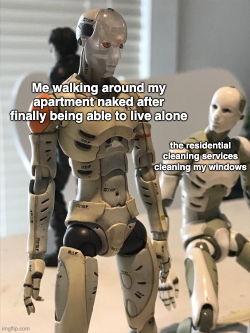 funny memes - robot - Me walking around my apartment naked after finally being able to live alone imgflip.com Ehsz 199 Chsp Bof 02 the residential cleaning services cleaning my windows