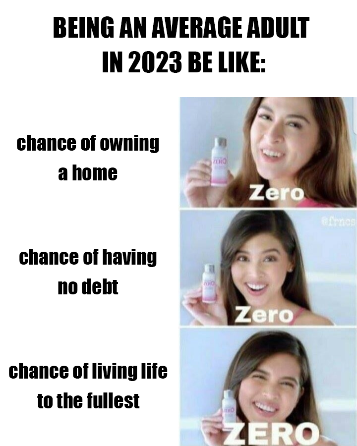 funny memes - smile - Being An Average Adult In 2023 Be chance of owning a home chance of having no debt chance of living life to the fullest Zero 131 Tho Zero Zero Zero