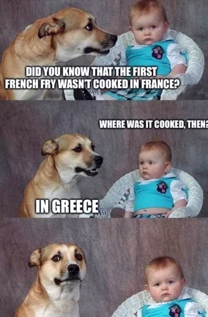 funny memes and tweets - dog - Did You Know That The First French Fry Wasn'T Cooked In France? Where Was It Cooked, Then In Greece