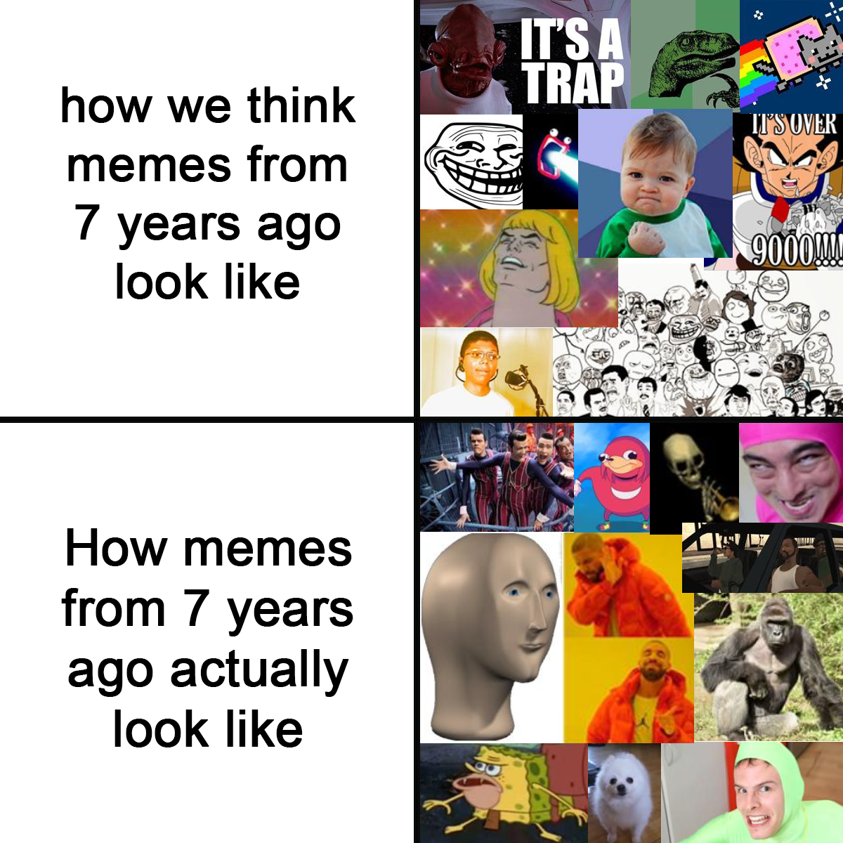 fresh memes - collage - how we think memes from 7 years ago look How memes from 7 years ago actually look It'S A Trap Ven It'S Over 9000!!!