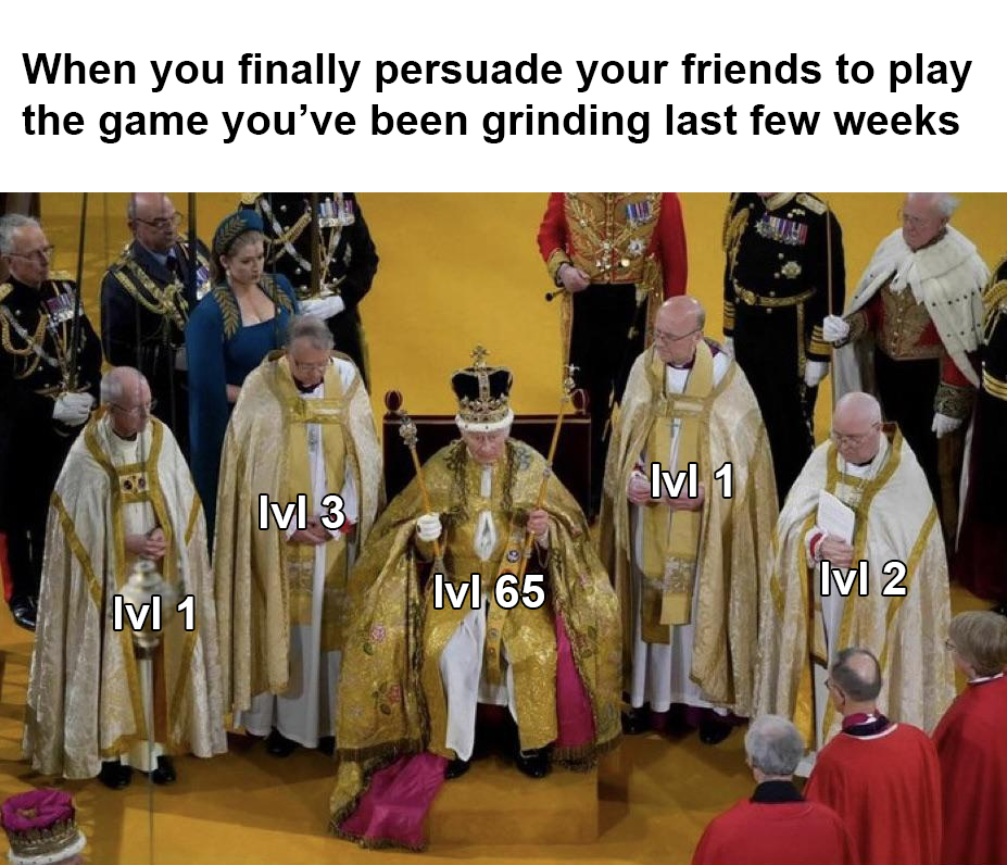 funny memes and pics - Charles III - When you finally persuade your friends to play the game you've been grinding last few weeks IvI 1 lvl 3 lvl 65 Im 1 lvl 2