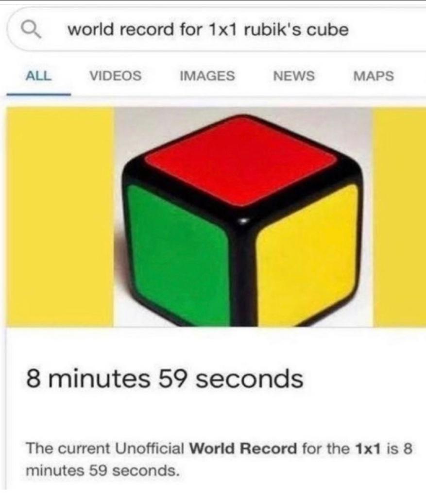 funny memes and pics - Qworld record for 1x1 rubik's cube All Videos Images News 8 minutes 59 seconds Maps The current Unofficial World Record for the 1x1 is 8 minutes 59 seconds.