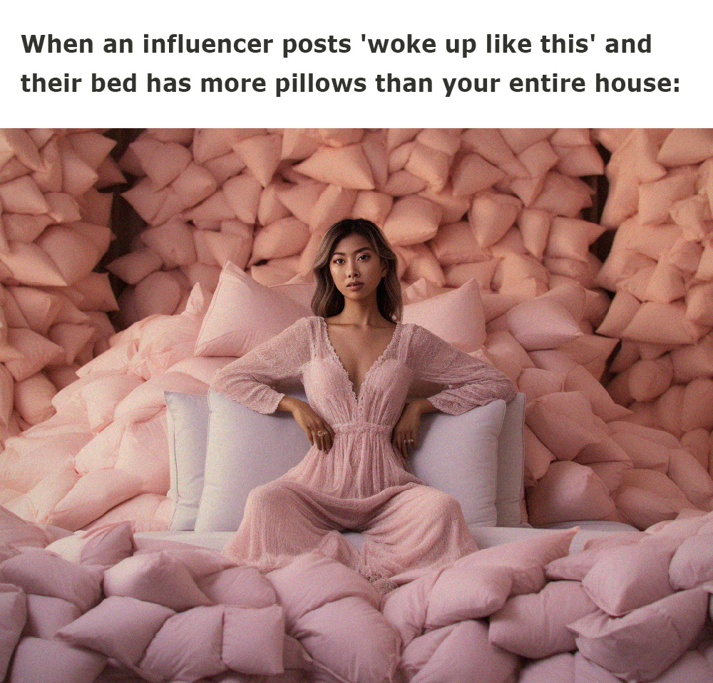 funny memes and pics - girl - When an influencer posts 'woke up this' and their bed has more pillows than your entire house
