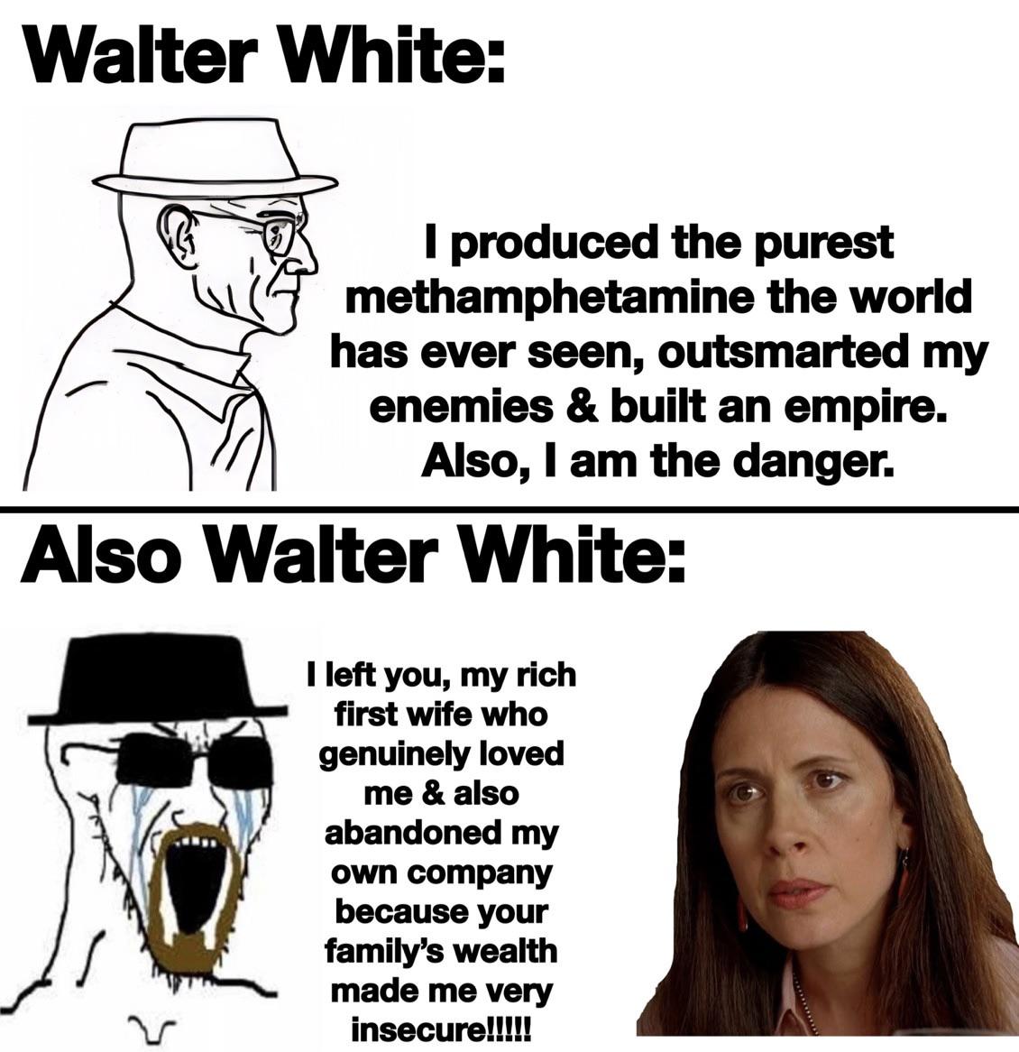 funny memes - cartoon - Walter White I produced the purest methamphetamine the world has ever seen, outsmarted my enemies & built an empire. Also, I am the danger. Also Walter White I left you, my rich first wife who genuinely loved me & also abandoned my