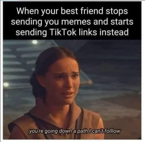 funny memes - photo caption - When your best friend stops sending you memes and starts sending TikTok links instead you're going down a path I can't folllow