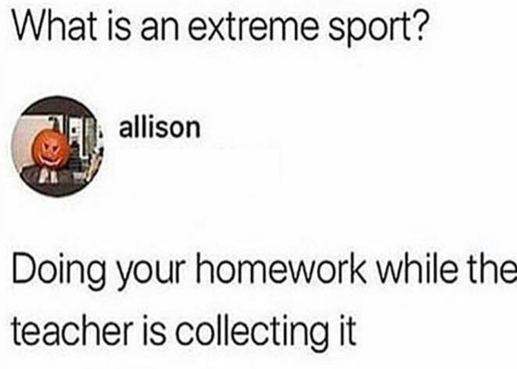 dank memes - organization - What is an extreme sport? allison Doing your homework while the teacher is collecting it