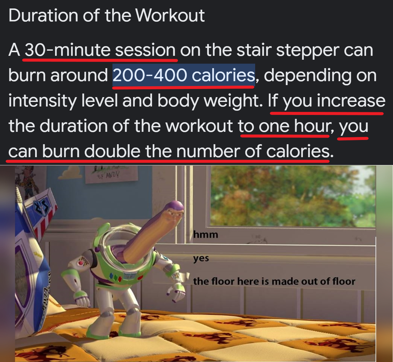 dank memes - hmm yes the floor is made of floor - Duration of the Workout A 30minute session on the stair stepper can burn around 200400 calories, depending on intensity level and body weight. If you increase the duration of the workout to one hour, you c