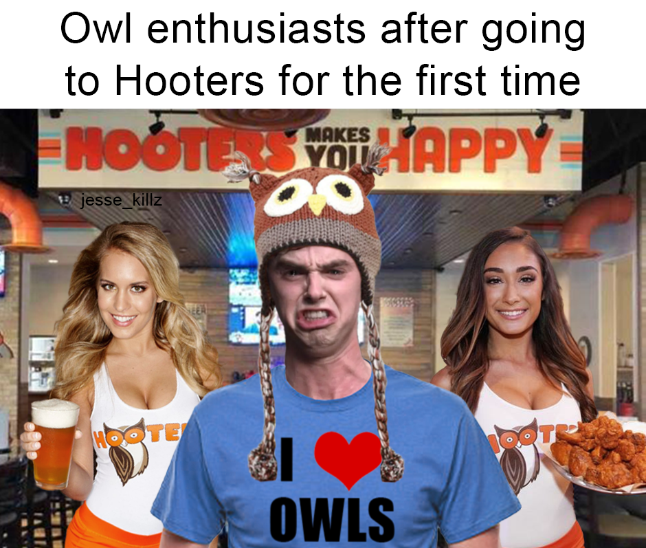 funny friday memes - photo caption - Owl enthusiasts after going to Hooters for the first time Makes Hooters You Happy 00 jesse_killz Sote 10 Hem Owls