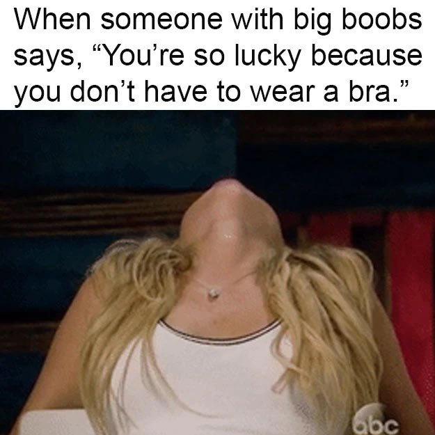 small boob meme - When someone with big boobs says, "You're so lucky because you don't have to wear a bra." abc